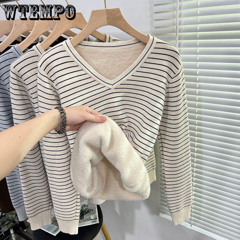 Fleece and Thickened Sweater Women's One-piece Fleece Top Women's Autumn and Winter V-neck Pullover Striped Long-sleeved Slim and Warm Knitted Sweater