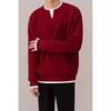 Men's Red V-Neck Sweater: Fake Two-Piece Design, Zodiac Year, Autumn/Winter Knitwear, Versatile Inner/Outer Layer, New Year Style.