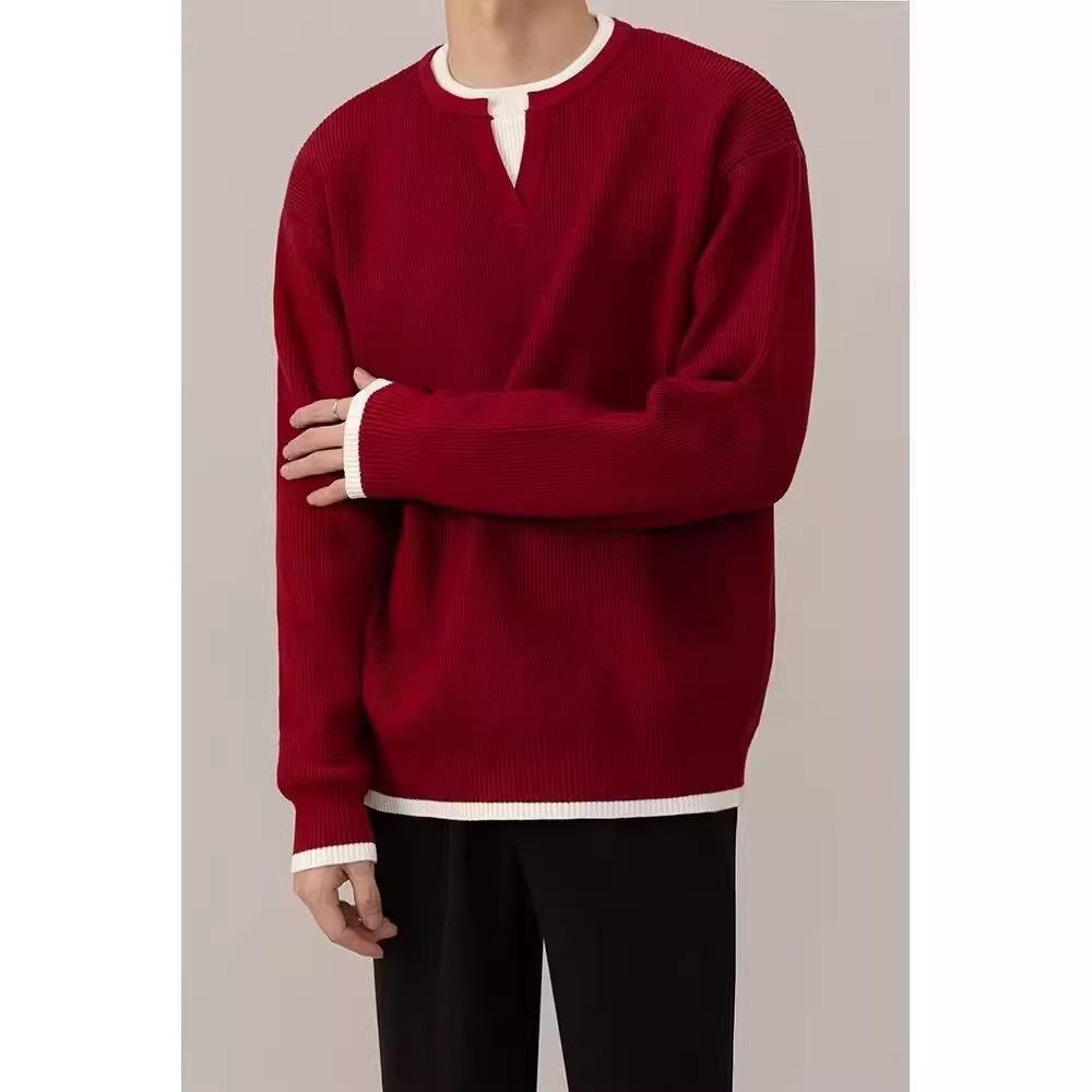 Men's Red V-Neck Sweater: Fake Two-Piece Design, Zodiac Year, Autumn/Winter Knitwear, Versatile Inner/Outer Layer, New Year Style.