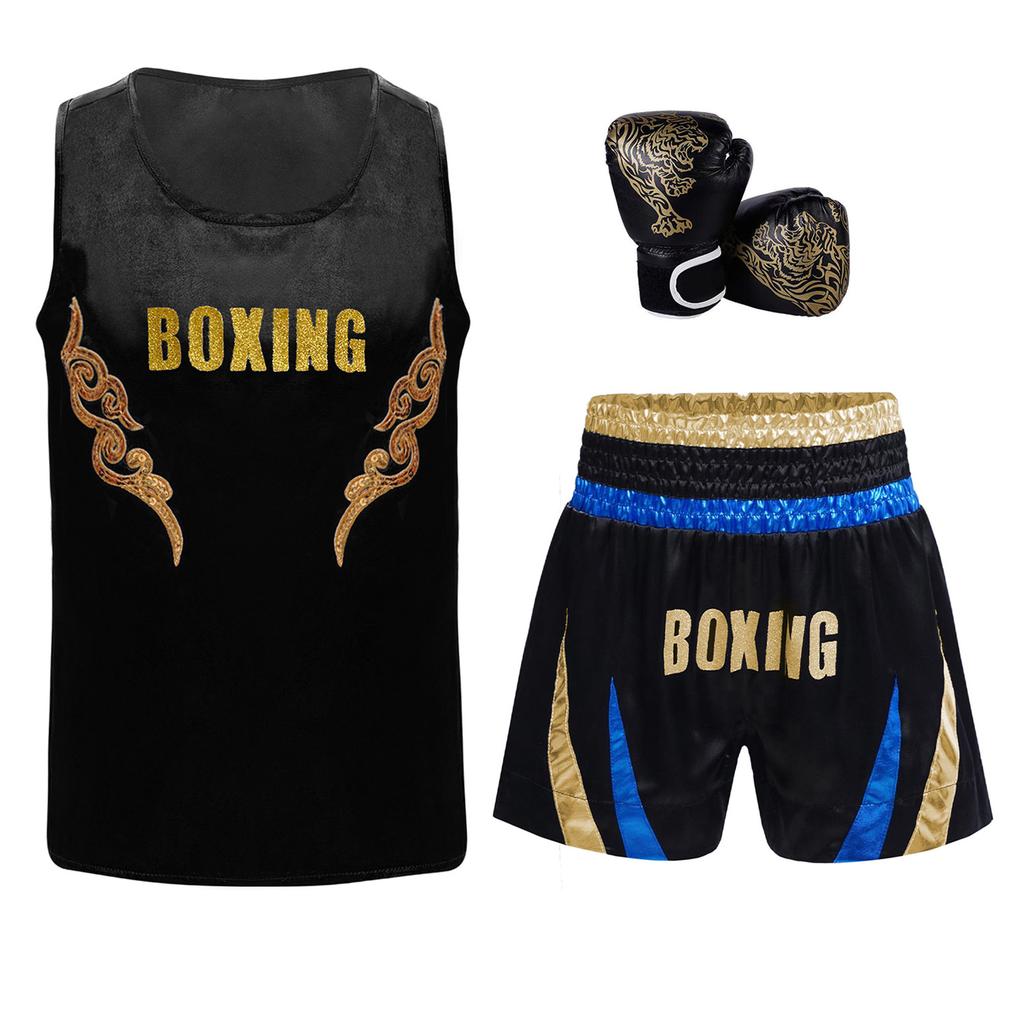 Muay Thai Gym Tops Kids Boxing Vest Boys Martial Arts Outfit Tank Top with Boxer Shorts Fight Grappling Costume Boxer Gloves