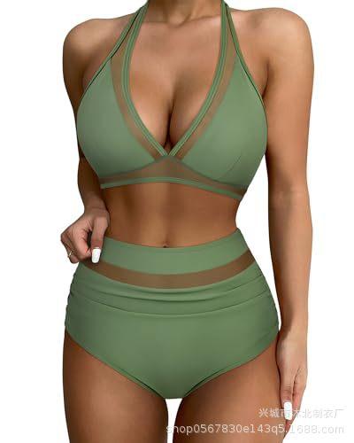 Women's Sexy High Waist Bikini Set Mesh Belly Tuck, Two-piece Swimsuit
