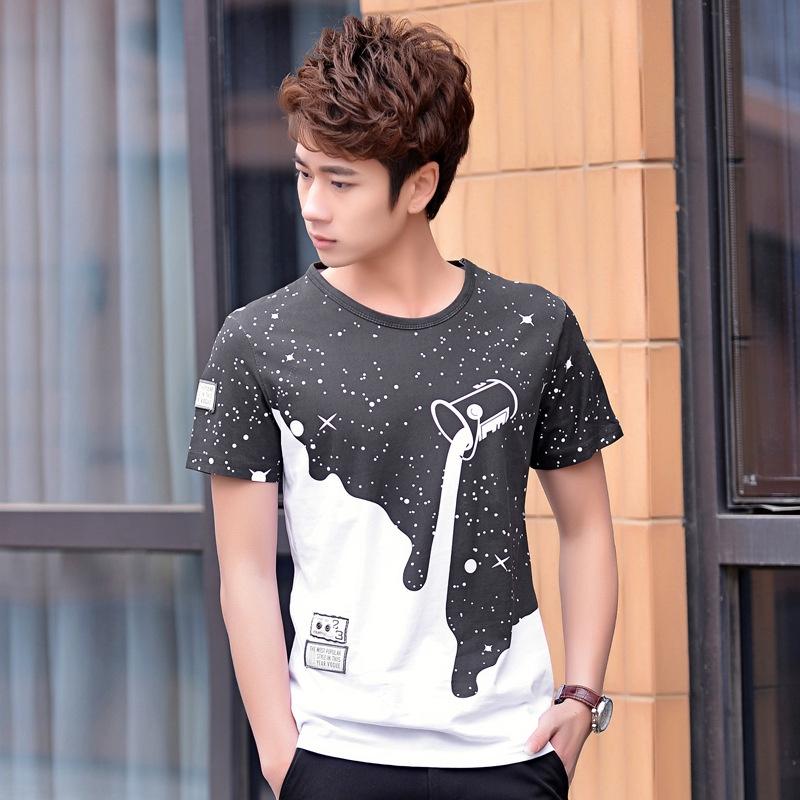 Trendy Mens Fashion Milk Poured Pattern Printed Short Sleeve Round Neck T-shirt