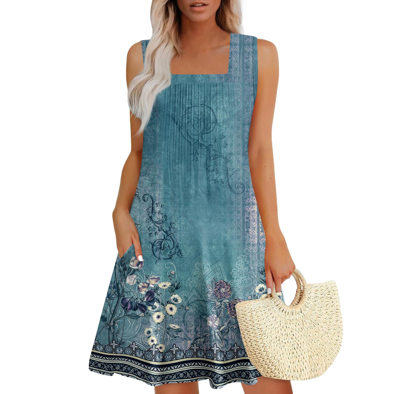 

Женские летние платья, свободные сарафаны без рукавов с U-образным вырезом и карманами XXXL циан