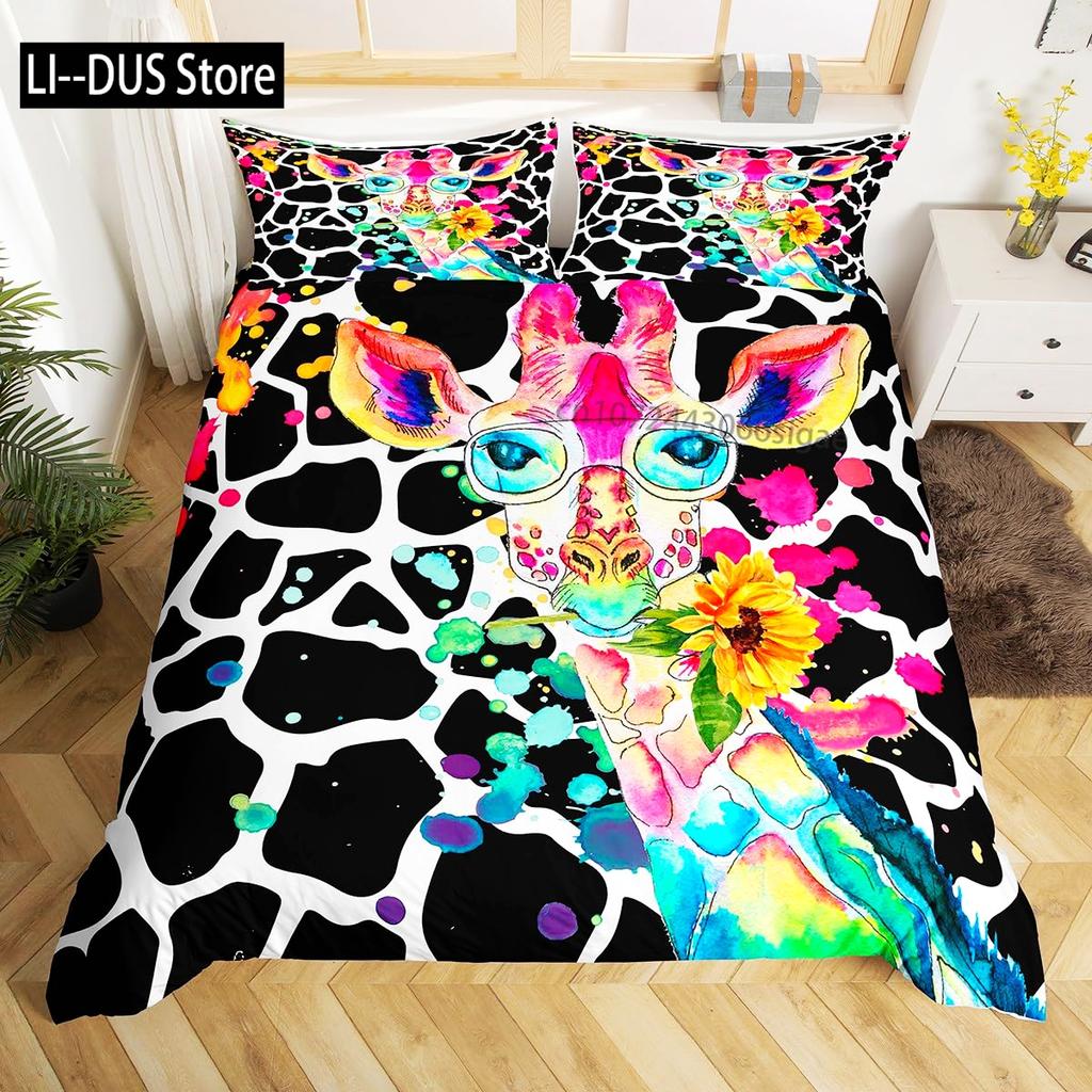 Cute Giraffe Bedding Set Full Size 3pcs with 1 Duvet Cover 2 Pillowcases Animal Bedding Set for Kids Boys Girls Room Decoration