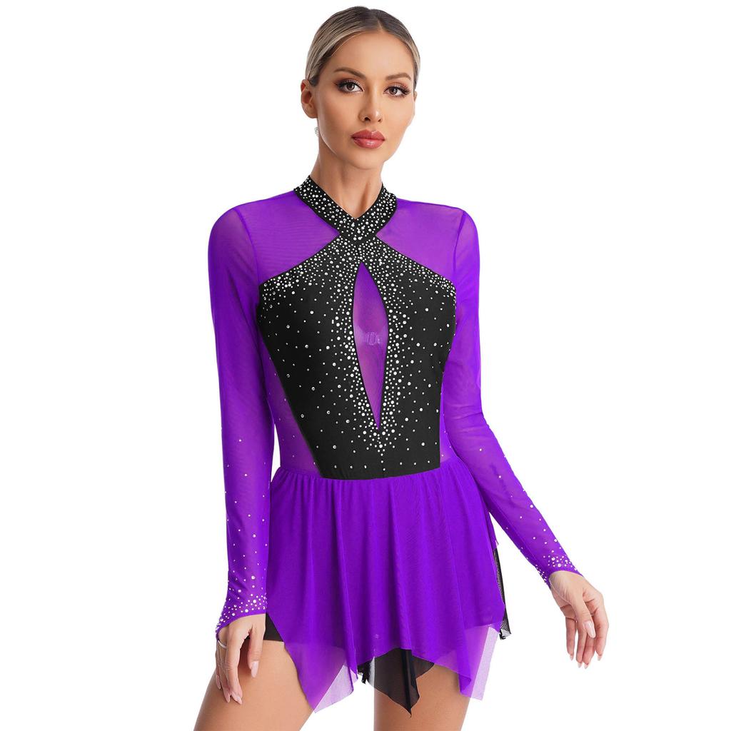 Womens Sparkling Rhinestones Dance Dress Contrast Color Keyhole Back Figure Skating Long Sleeve Dresses