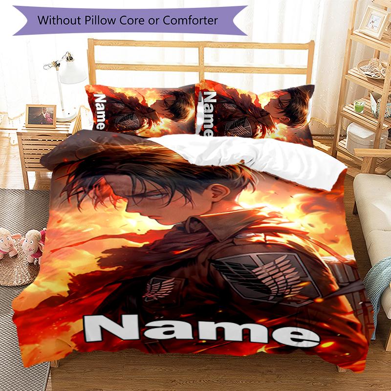 3pcs Custom Name Attack on Titan Bedding Set Duvet Cover Closure Includes 1 Duvet Cover & 2 Pillowcases for All Seasons Bedroom Decor