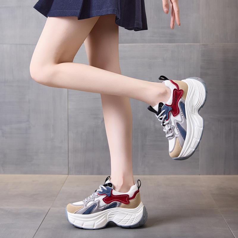 Height-increasing Dad Shoes Women's 2025 New Autumn Leather Thick-soled Mesh Breathable Little White Shoes Small Casual Women's Shoes