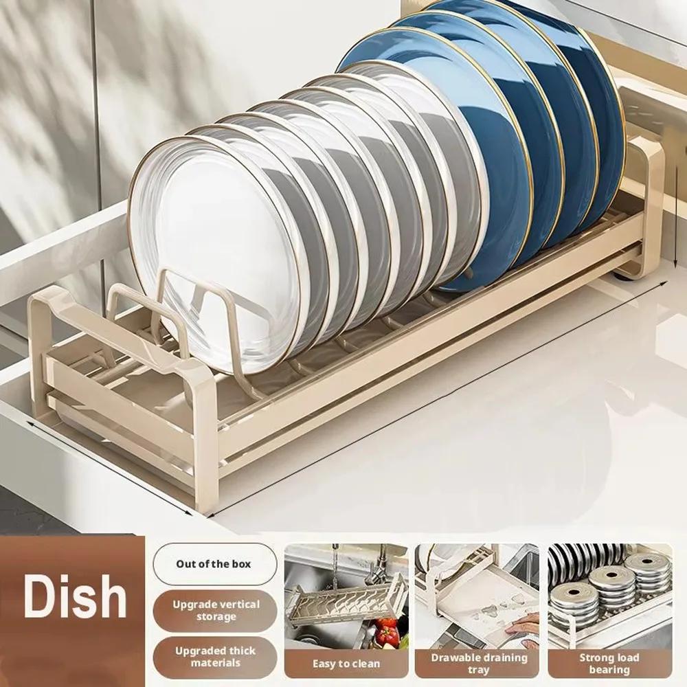 Carbon Steel Pull Out Dish Rack Built-In Space Saving Dish Storage Rack Expandable Practical Kitchen Drawer Rack Household Use