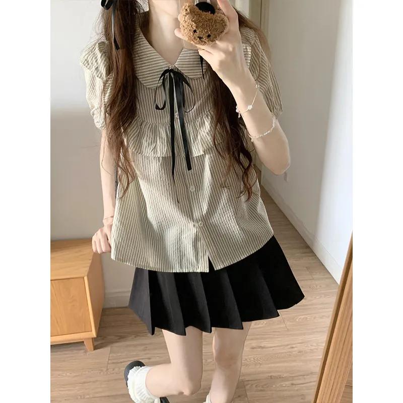 Women s Beige Striped Blouse Polo Collar Tie Neck Short Puff Sleeve Casual Button-Down Top S чёрный