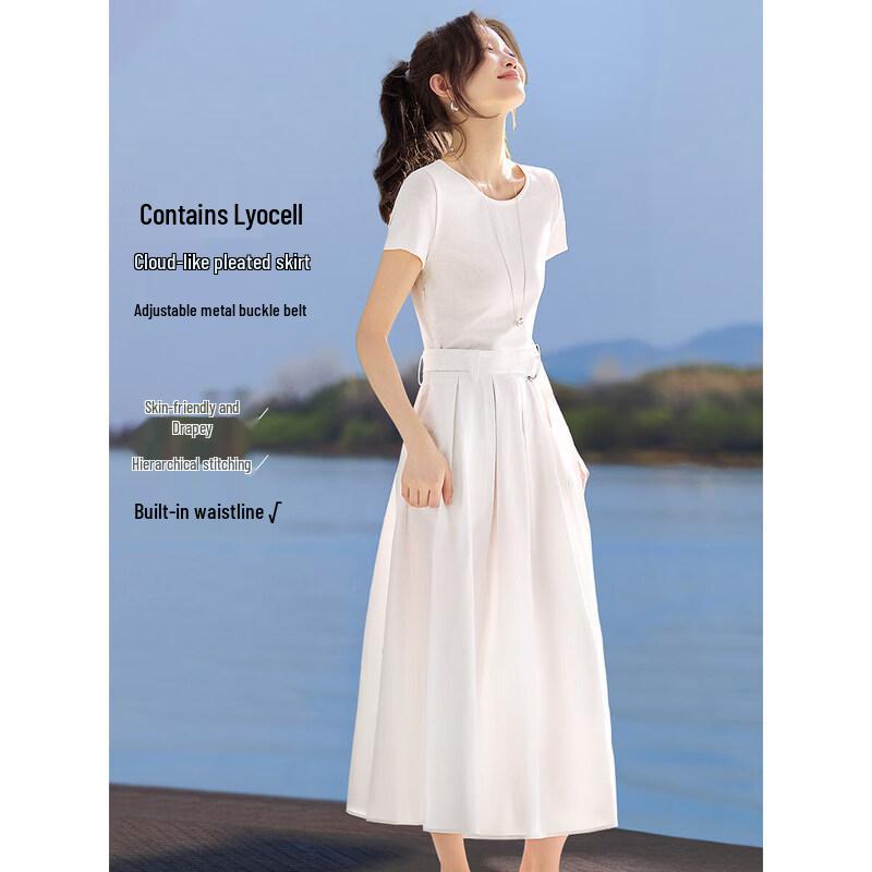 Elegant A-Line Flare Midi Dress with Metal Buckle XL