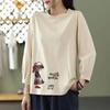 Bomulls T-shirt med nioärm för dam, vår och höst, koreansk stil, enfärgad, lös, plus size, rundhalsad topp