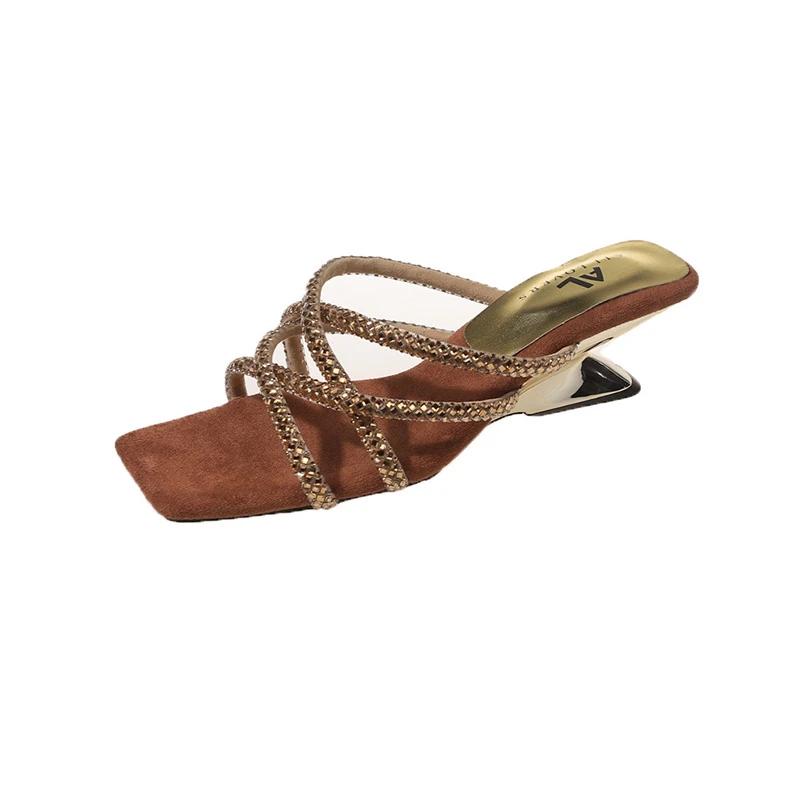 Fashion Fashion Rhinestone Chain Women Slippers Sandals Comfortable Sexy Leopard Print Square Toe Ladies  Modern Shoes Zapatos De Mujer