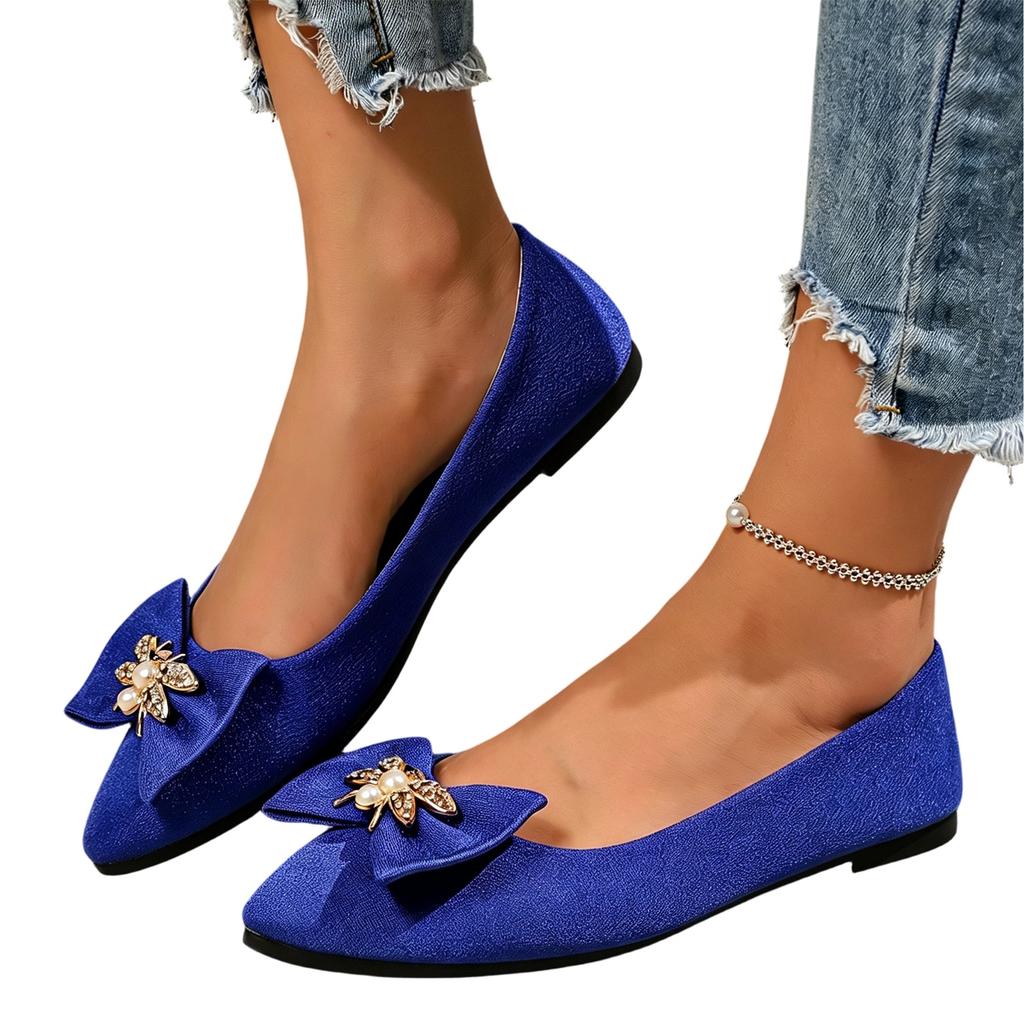 Women Casual Loafers Slip On Flats Pointed Toe Bowknot Decoration Rhinestone Embellishment Comfortable Large Size Footwear