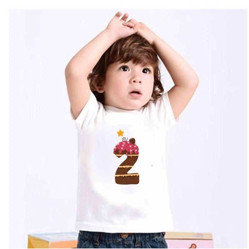 Summer Birthday Number for Boys and Girls Casual Cartoon First Birthday Shortsleeved Tshirt White Roundneck Top Kids Clothes