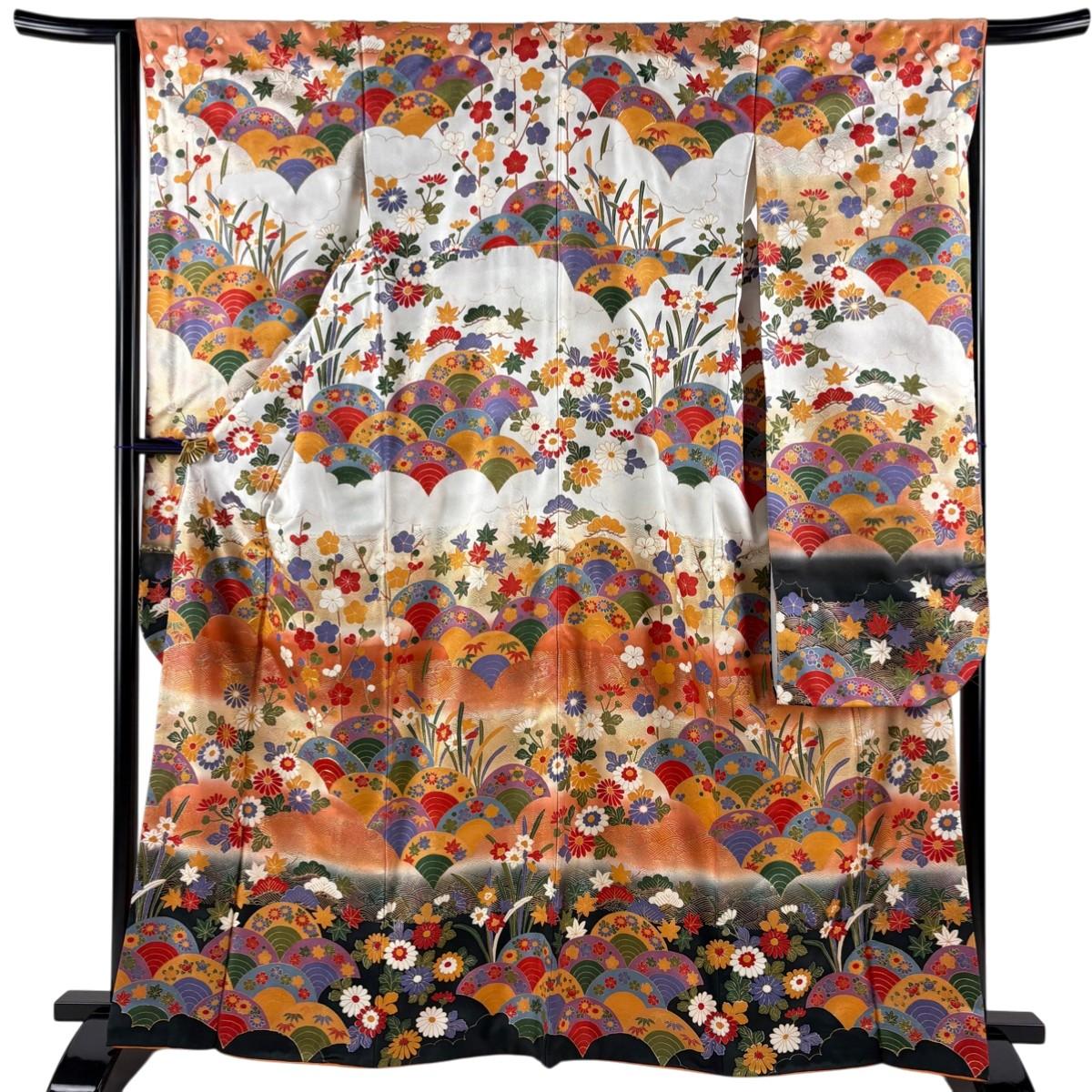 

[Good condition] Furisode, length 164cm, sleeve length 65.5cm, M linen, pine plum, Seikanami, gold thread, gold color, gray and white, pure silk,