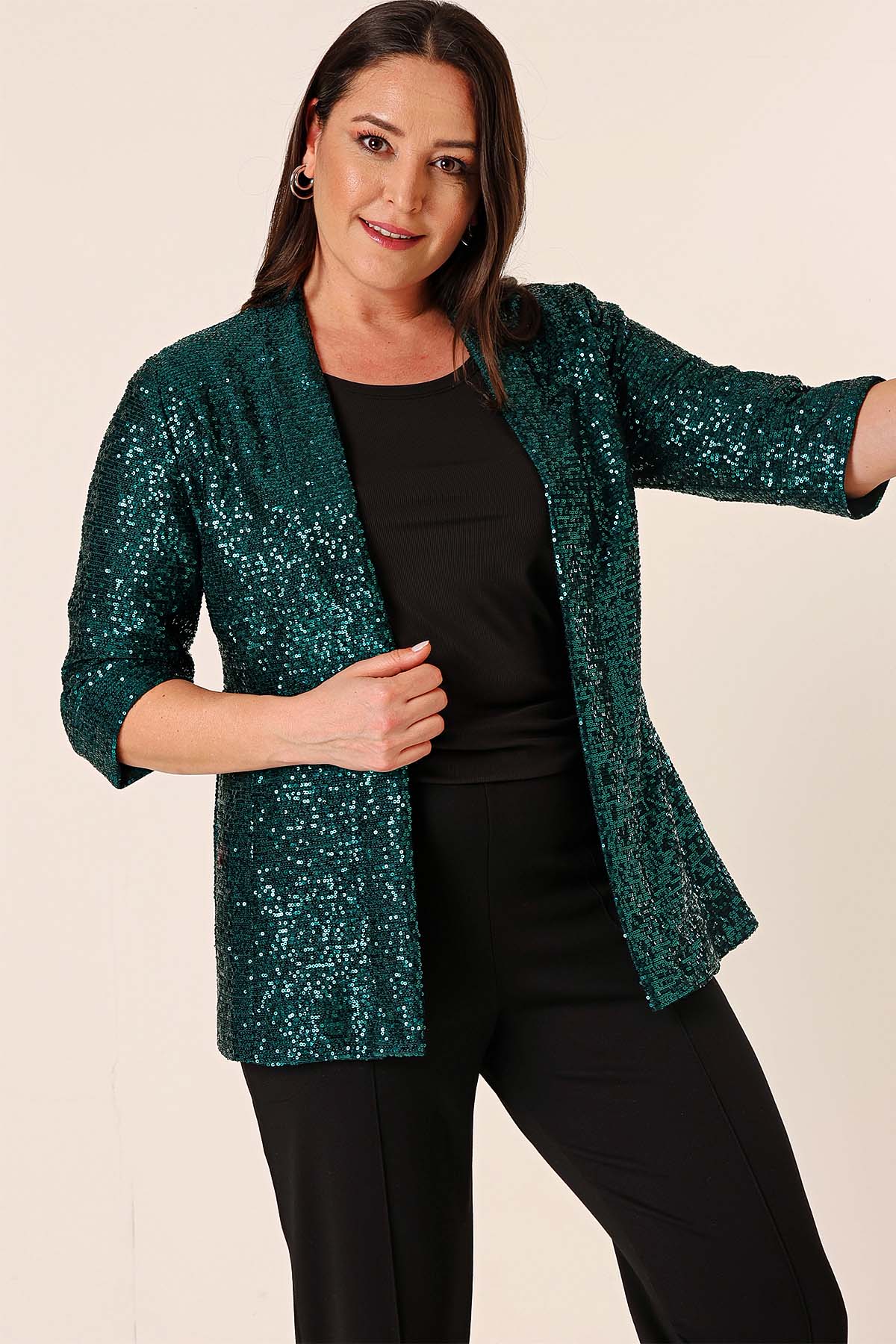 

Куртка больших размеров с пайетками и воротником-шалью на внутренней подкладке XL зелёный