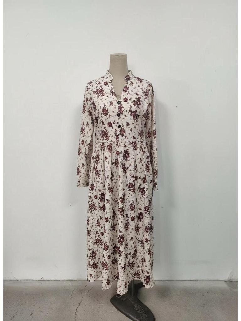 Retro Print V-Neck Waist-Cinching Long-Sleeve Women's Spring Dress 2026