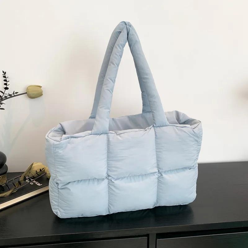 Quilted Plaid Bag Women Tote Handbags Retro Trendy Checkered Waterproof Shoulder Bag Solid Color Winter Soft Large Capacity Bags