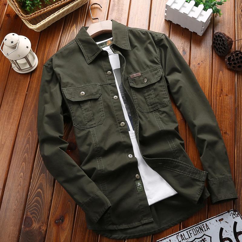 New Men's Spring and Autumn Long-sleeved Solid Color Shirt Military Uniform Outdoor Shirt Large Size Outdoor Workwear