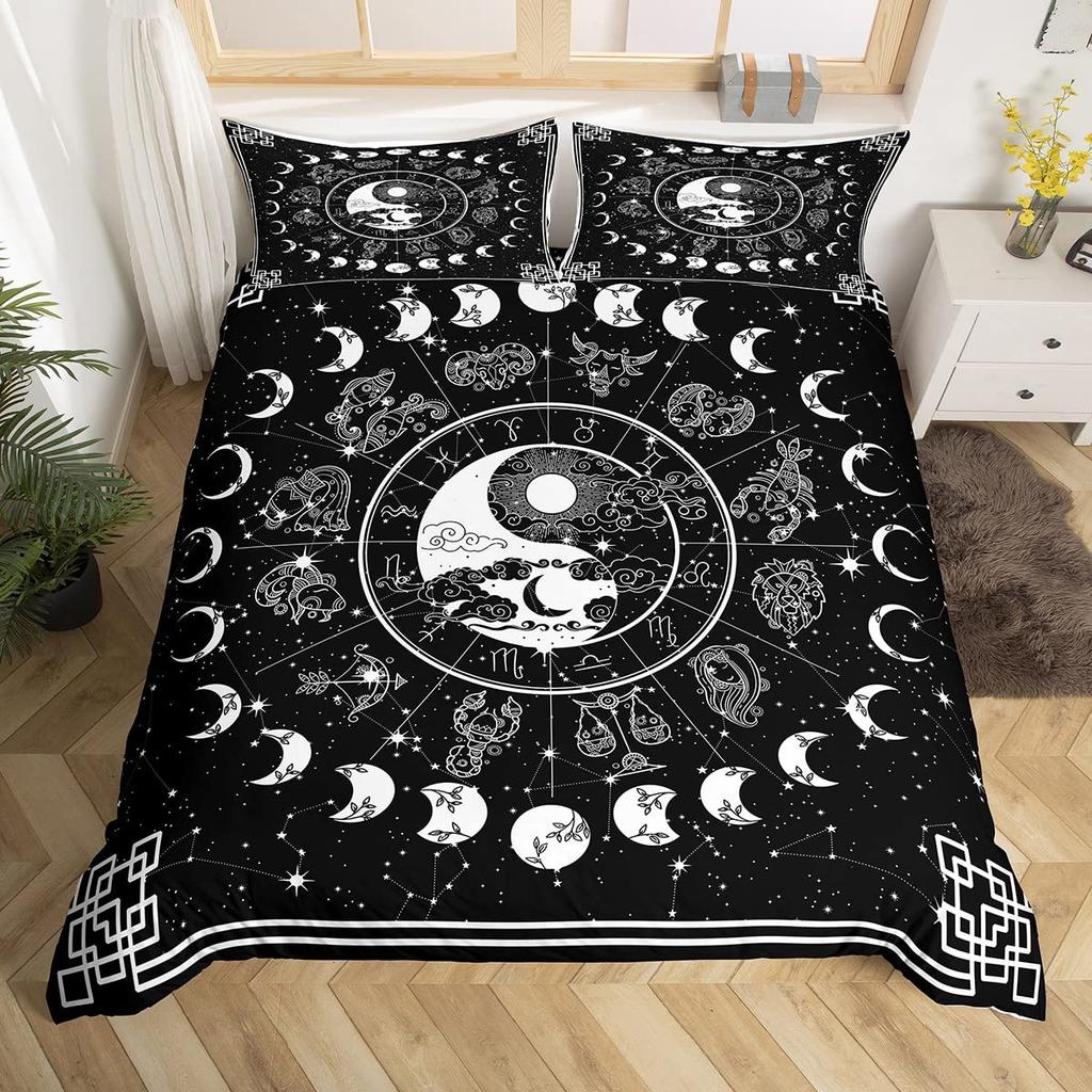 Yin Yang Bettbezug Set Boho Trippy Psychedelische Kunst Bettdeckenbezug Gossip Bettwäschesets Traditionelles Ying Yang Thema Tagesdecken