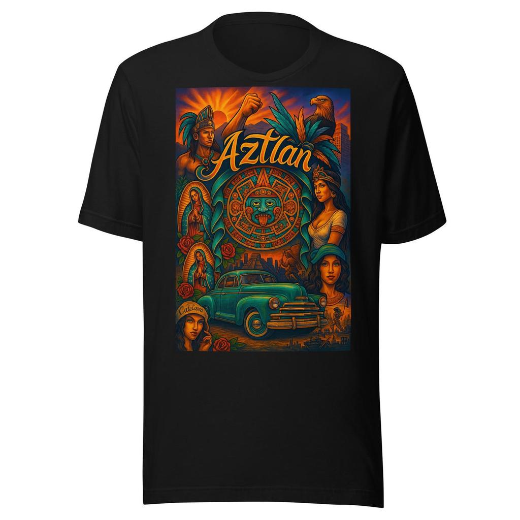 Aztlán Chicano — Arte Mexica Con Calendario Azteca, Lowrider Y Cultura Latina Unisex T-shirt