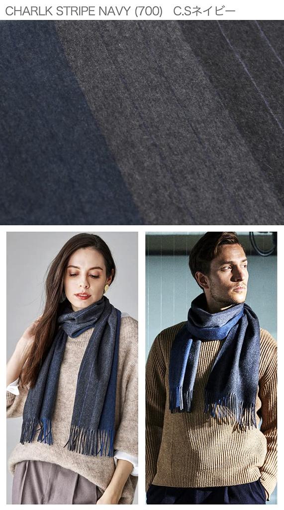 [Cashmee] 034 Neptune 100% Cashmere Reversible Scarf, Gradient Border Stripe (C.STRIPE NAVY (700) C.S Navy)