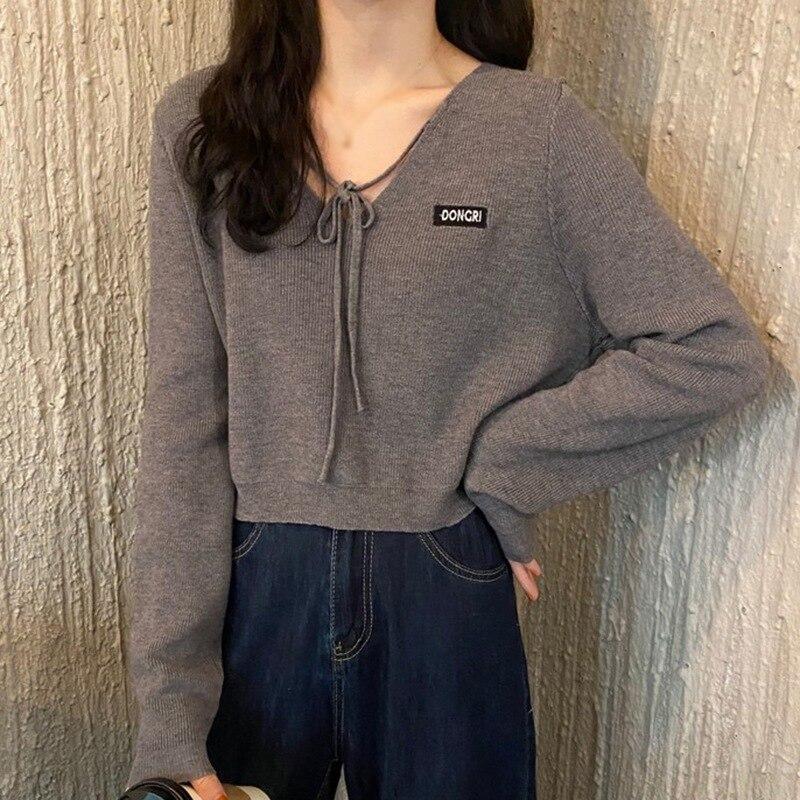 

Женский трикотажный топ с длинными рукавами свободного кроя, джемперы, свитер с V-образным вырезом и завязками One size серый