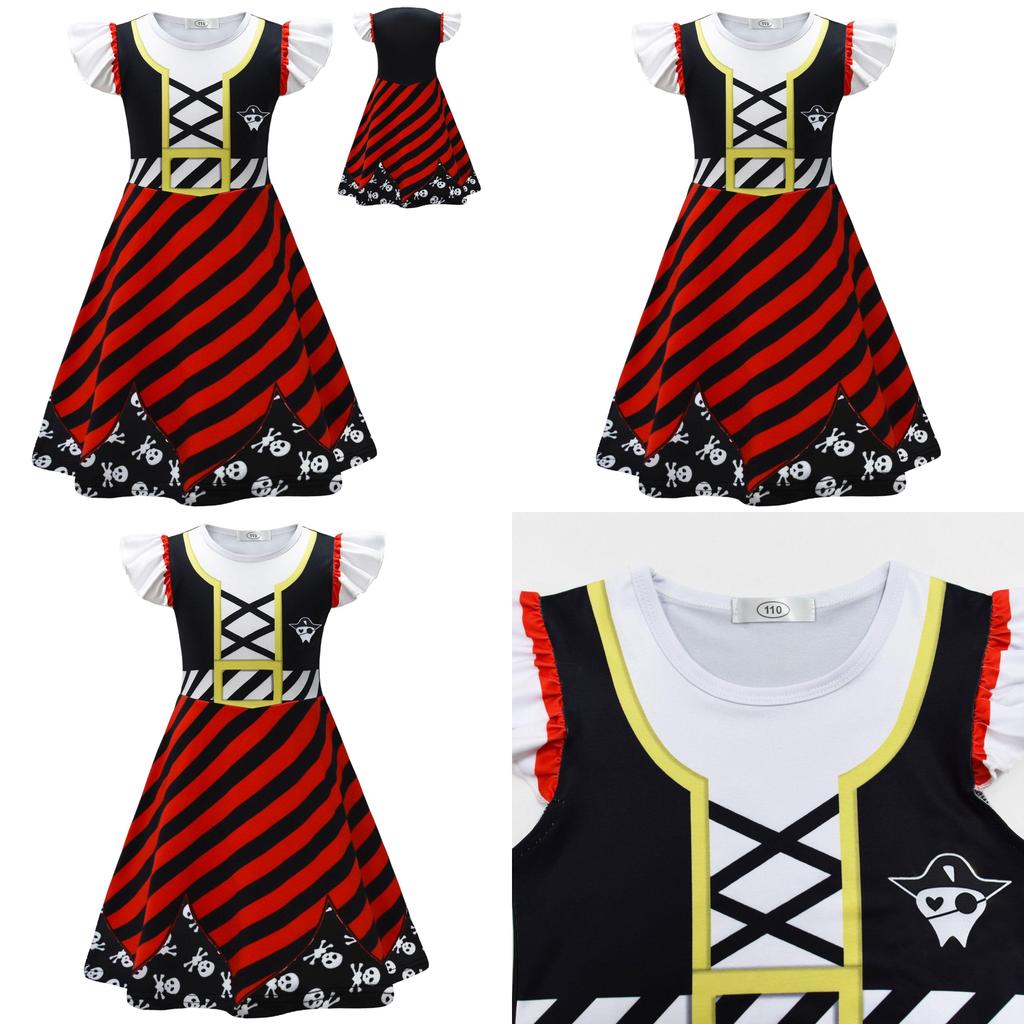 Skull Print Halloween Girls Dress With Ruffle Hem And Printed Fabric For Kids Age 3 To 8