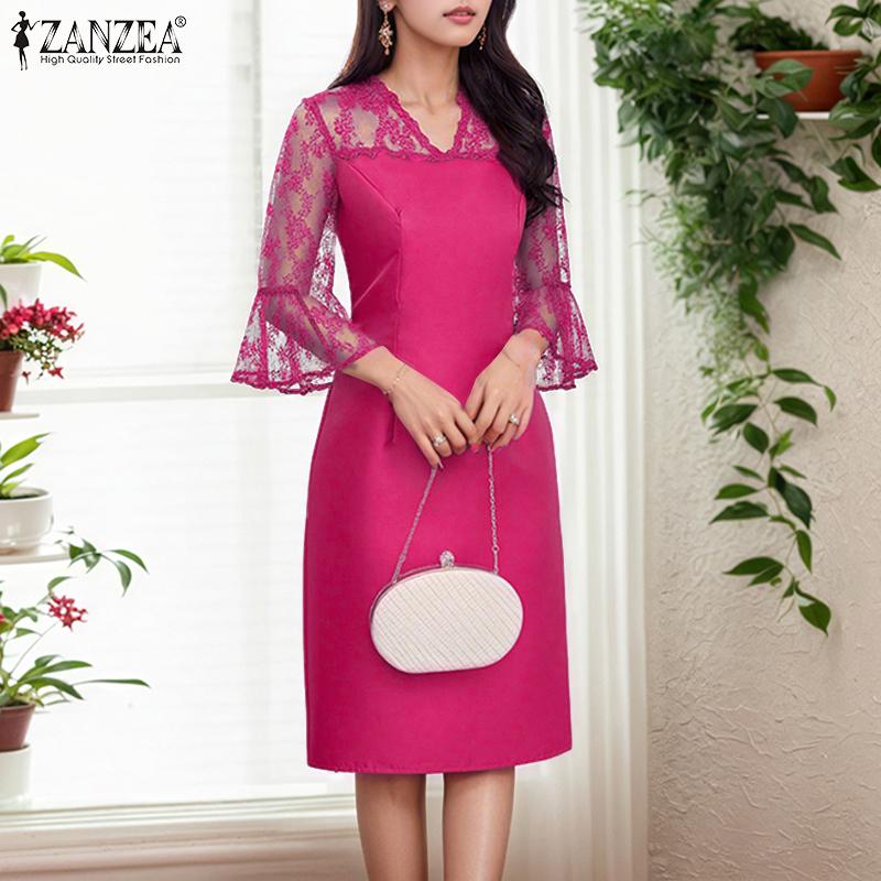 

ZANZEA Women Casual V-Neck 3/4 Sleeve Lace Patchwork Sheath Dress 5XL