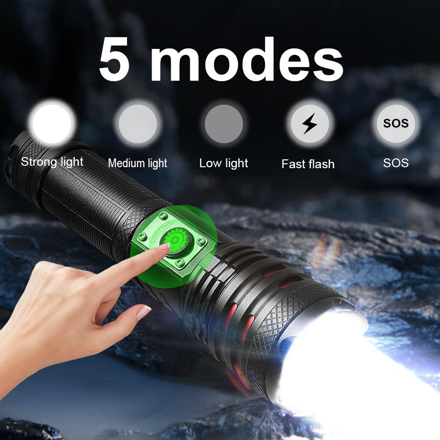 High Power XHP70 Flashlight Rechargeable LED Torch Telescopic Zoom Light For Camping Waterproof Lamp
