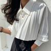 Small Niche Pleated Black Shirt for Women, Korean Version, Spring Design Sense, Short Shirt, High Waist Versatile Top