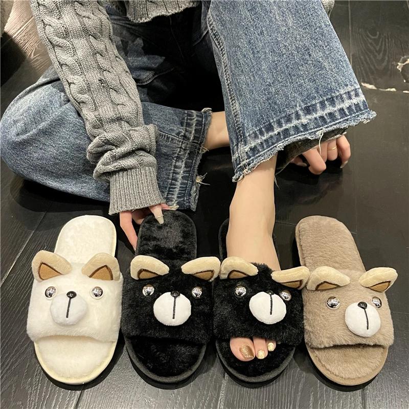 Плоские Пушистые Меховые Тапочки Женские Милые Собачки Животные Теплые Меховые Тапочки — фото 3