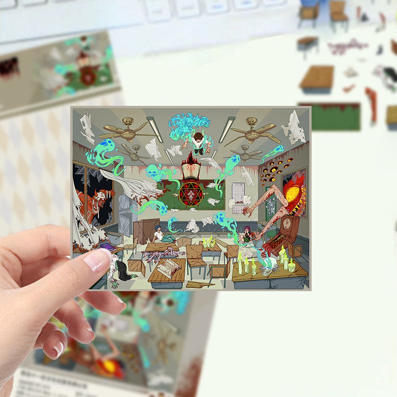 Kreslené krajinné samolepky Vícenásobný miniaturní svět 3D chata Rozbalit DIY scéna Ruční příspěvek