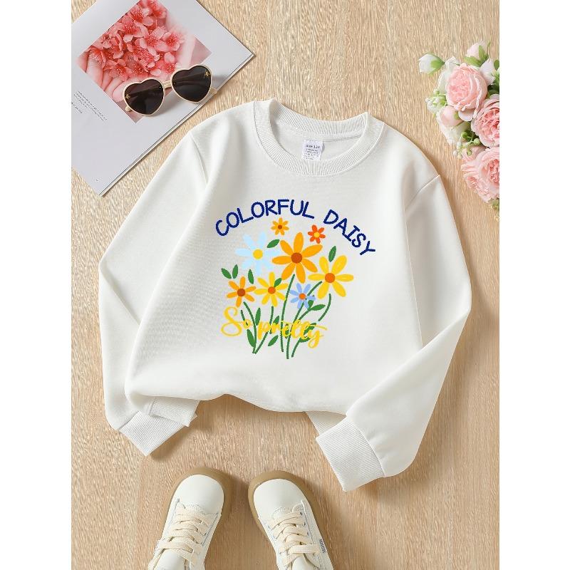 Taglie Europee Felpa Morbida Girocollo da Ragazza con Design Stampato Fiore Margherita Colorato, Casual Versatile, Ideale Regalo di Festa