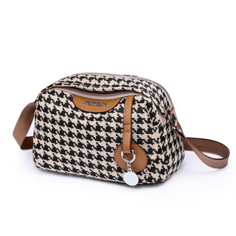 New Canvas Women's Shoulder Bag Fashionable Solid Color Large Capacity Thousand Bird Grid Versatile Casual Messenger Bag Double Main Bag