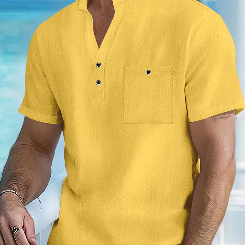 Men's Cotton Linen Short-Sleeve Shirt with Stand Collar & Half-Button Placket - Casual Outdoor Leisure Wear for Spring and Summe