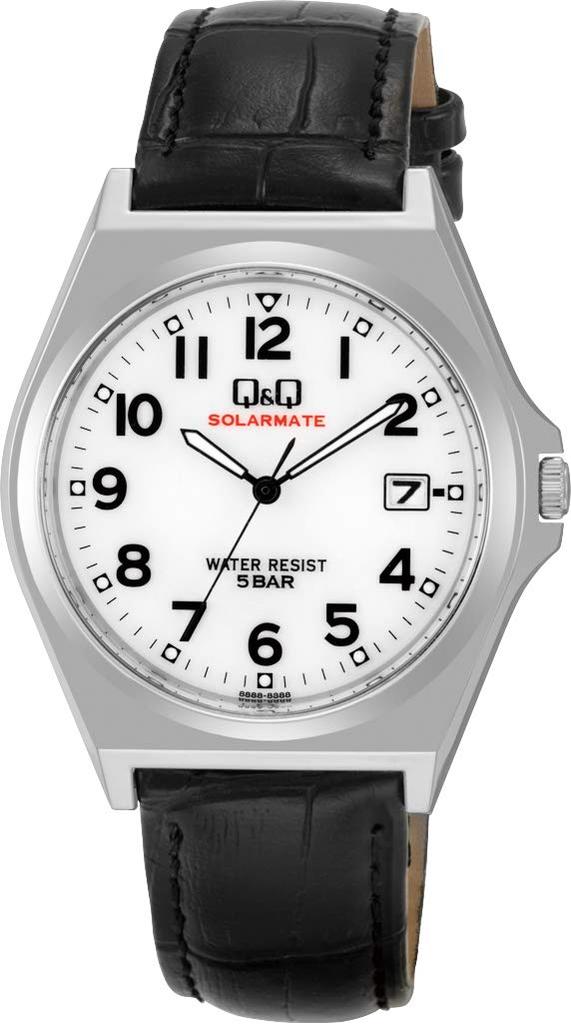 Citizen Analog Solar Date Leather White Black Q&Q Men's Watch, Powered, Waterproof, Display, Strap, Dial, H060-304,