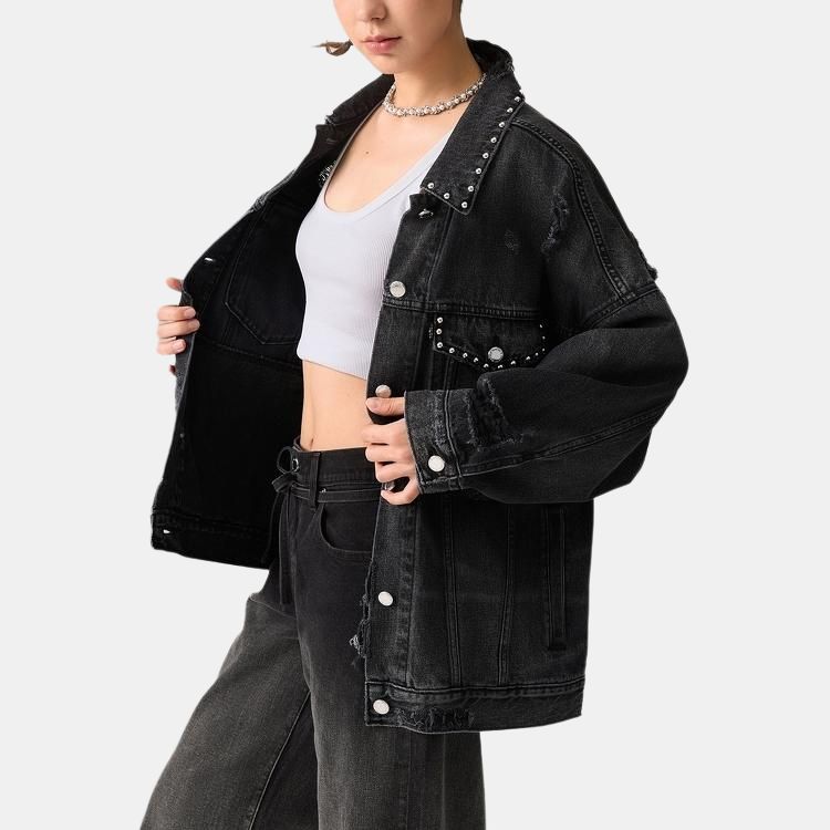 Levis Loose Comfortable Simple Distressed Fleece Long Sleeve Denim Jacket Women Jackets Black 002YY-0000