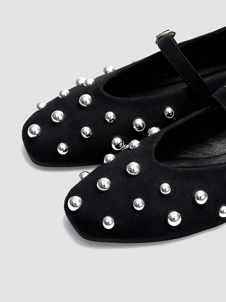 Black Mary Jane Flats, Silver Rivet Decor One-Strap Buckle, Retro Elegant Shoes