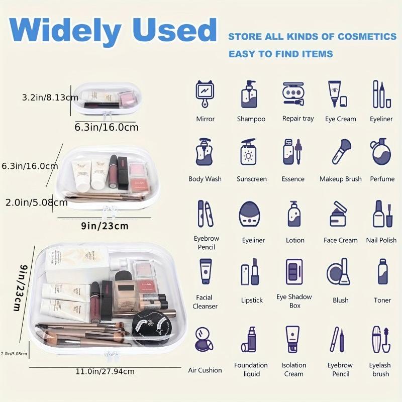 3pcs Transparent Zippered Storage Organizer Set Hard Plastic Bags Travel-Friendly Organizer for Cosmetics Crafts Office Supplies