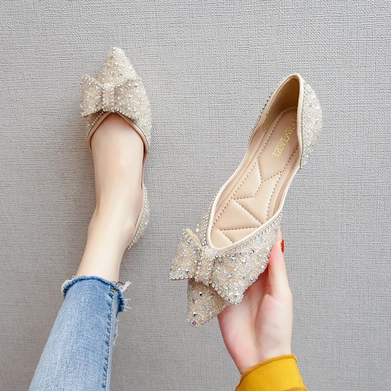 Pointed flat wedding shoes bridesmaids pearl rhinestone high heels shallow single shoes one pedal Doudou shoes rhinestone decoration