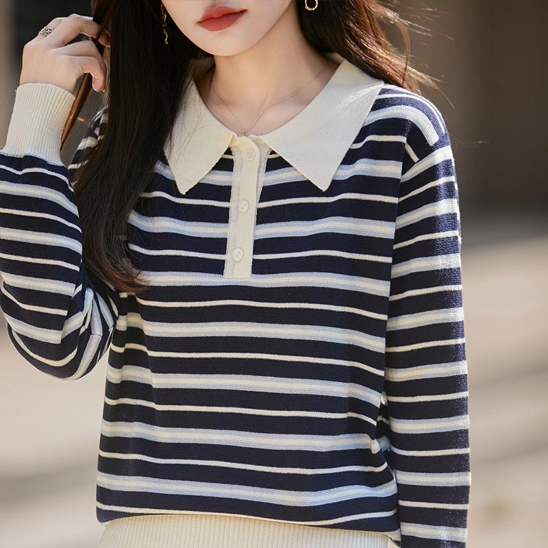 Andis Women's Color Block Stripe Polo Neck Knit Top - Age-Reducing Autumn/Winter Style