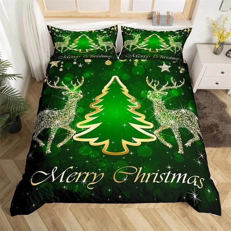Gold Christmas Duvet Cover Set Gold Elk Xmas Printed Cartoon Christmas Festival Bedding Sets Full Queen Size with Pillowcase