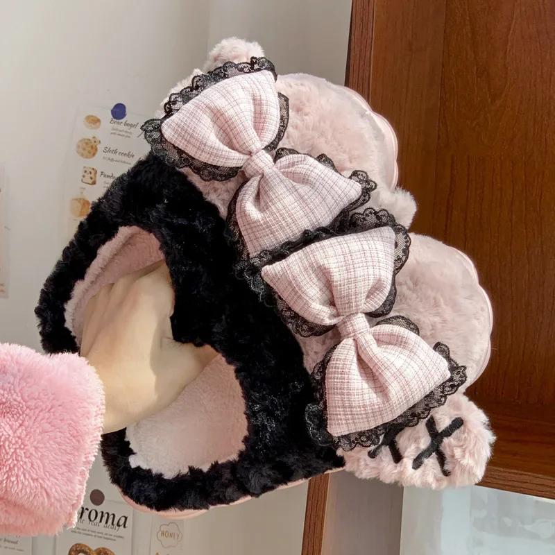 New Pattern Women's Plush Slippers Women Bow Warm and Soft Slipper Women Thick Winter Indoor Cotton Shoes Women Toe Wrap Slipper