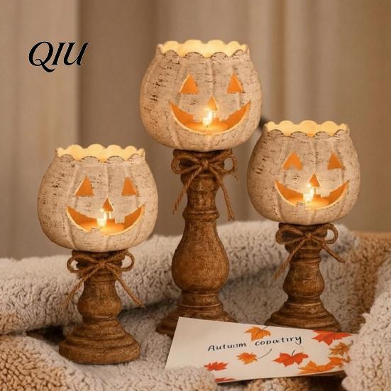 Small Pumpkin Candle Holders Rustic White Tealight Holder Set, Farmhouse Halloween Tea Light Table Decor Decor, Fall Tables Centerpieces for