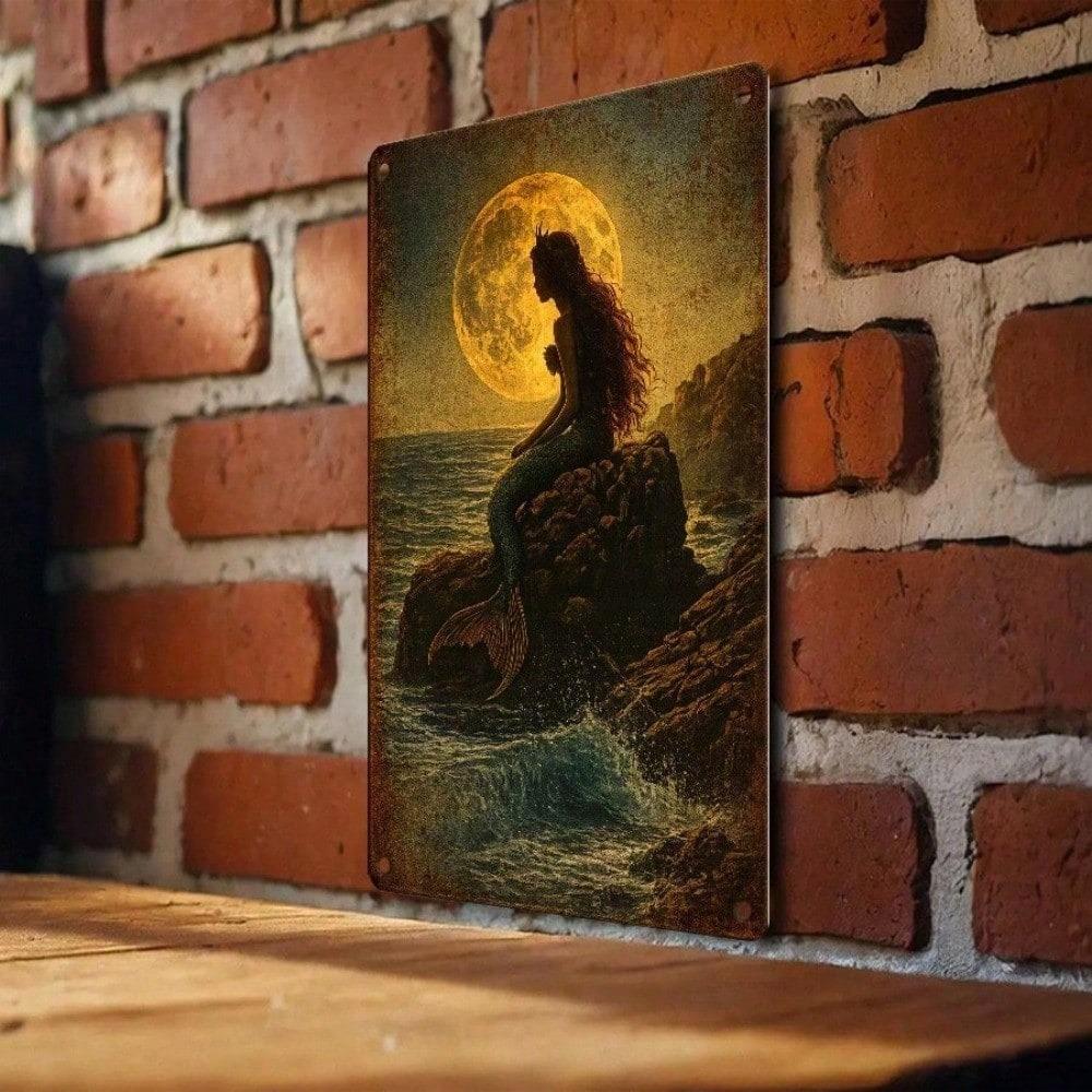 1pc 2D Flat Mermaid By Moonlight Metal Tin Sign, Retro Vintage Wall Decor Plaque, 12x8 Inch Durable Iron Art, Easy-to-Hang Ornament