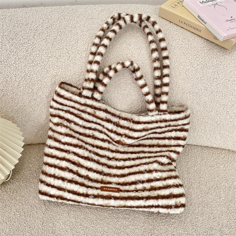 Fall Winter Simple Stripes Faux Lamb Wool Women's Shoulder Bags Casual Furry Female Handbag Large Capacity Ladies Shopping Bag