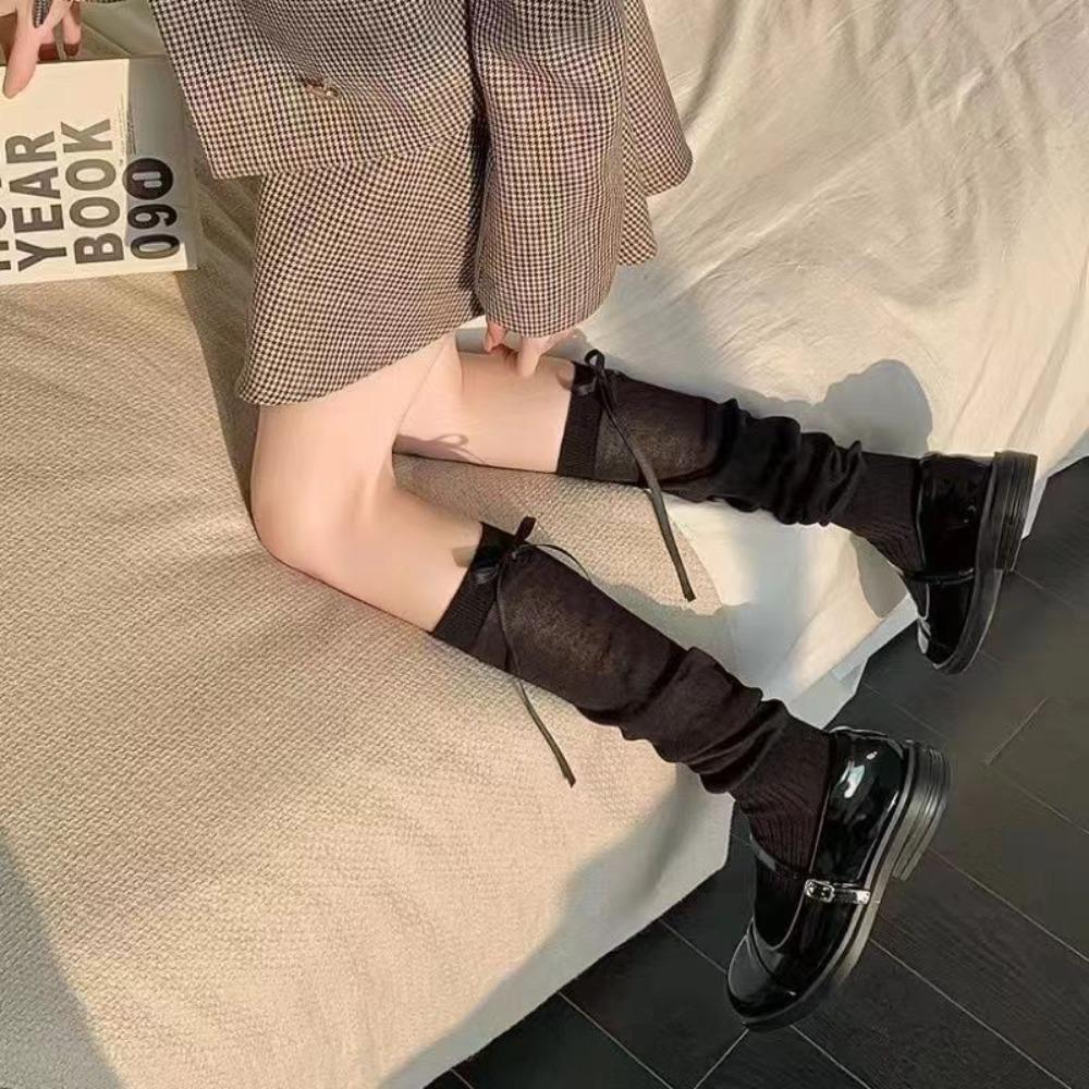 Kawaii Bandage Lolita Socks Black White Solid Color Middle Tube Socks Ribbon Bow Long Socks Women Girls One Size чёрный