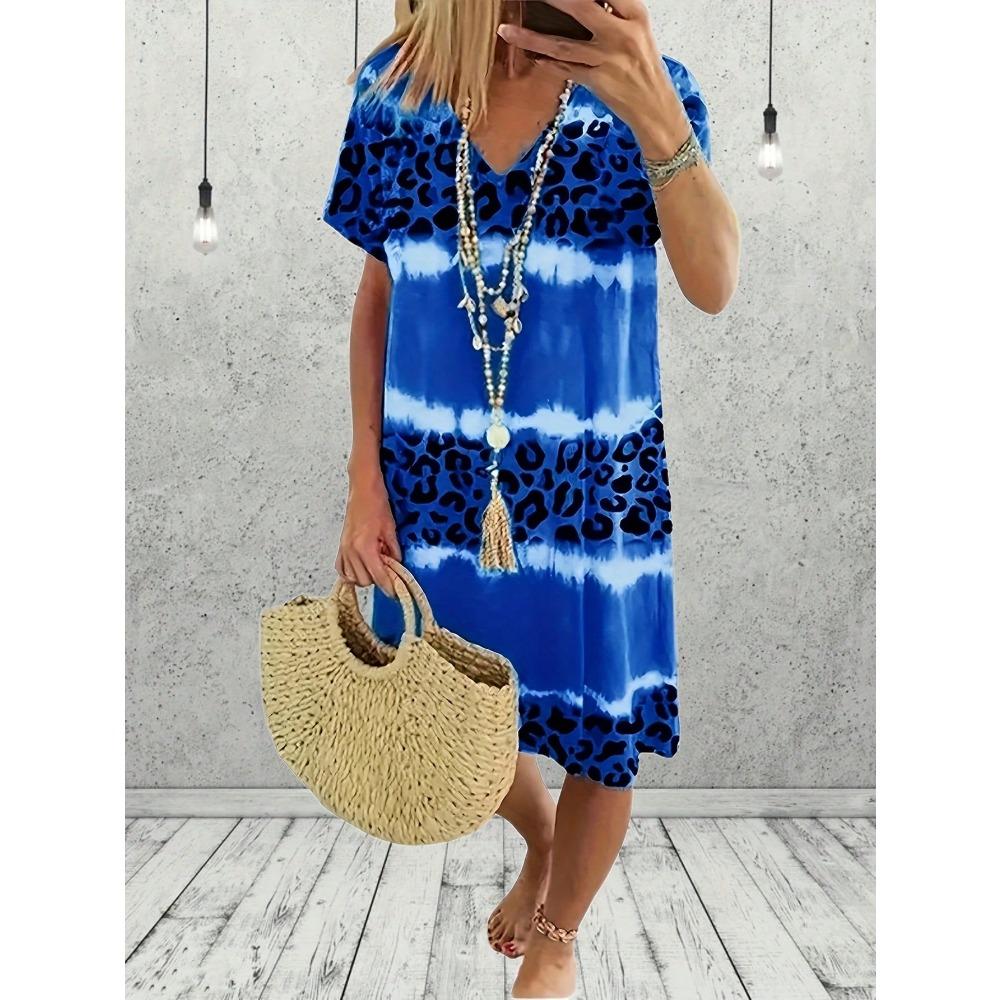 

Женское модное повседневное платье больших размеров S-6XL, платье с короткими рукавами, платье с короткими рукавами и V-образным вырезом с принтом тай-дай и леопардовым принтом 6XL