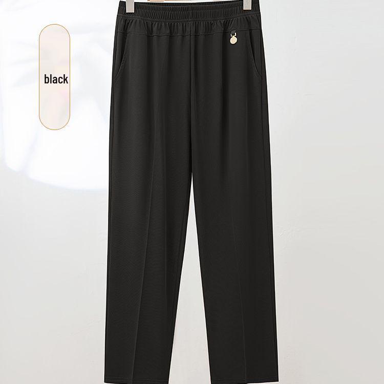 

Summer High-Waist Ice Silk Casual Mom Pants: Loose, Elastic, Nine-Point Straight-Leg Style for Middle-Aged and Elderly Women XL (90-110 jin) чёрный